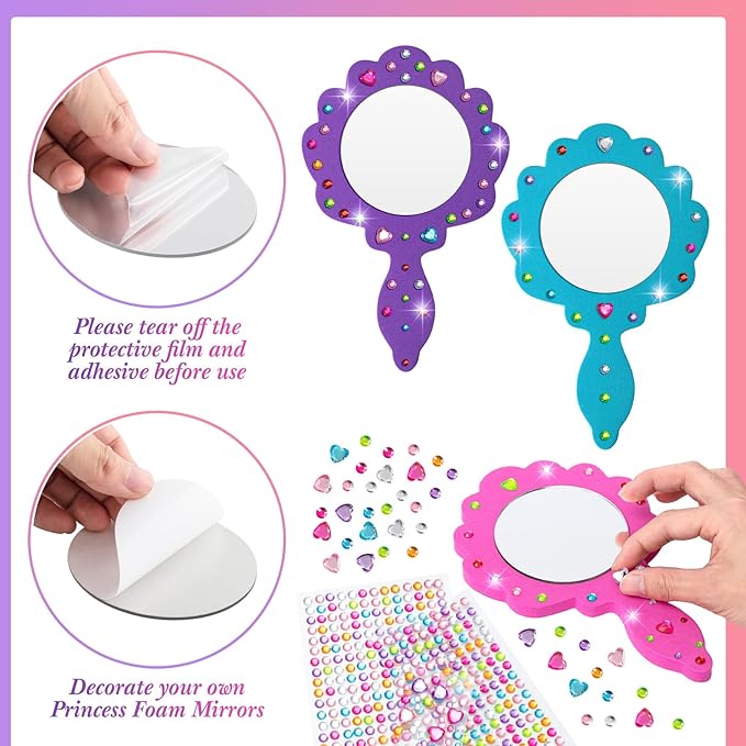 Geetery 20 Pcs Unbreakable Kids Mirror DIY Decorate Your Own Princess Mirror Mermaid Foam Small Crafts Princess Party Decorations(Pink, Purple, Turquoise)