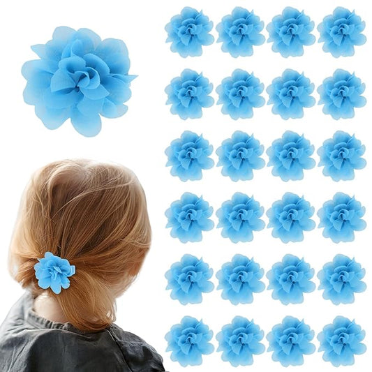 24 PCS 2" Chiffon Flower Hair Bows Clips Artificial Fabric Flower Tiny Baby Hair Clips Fine Accessories for Women Girls Kids (Light blue)