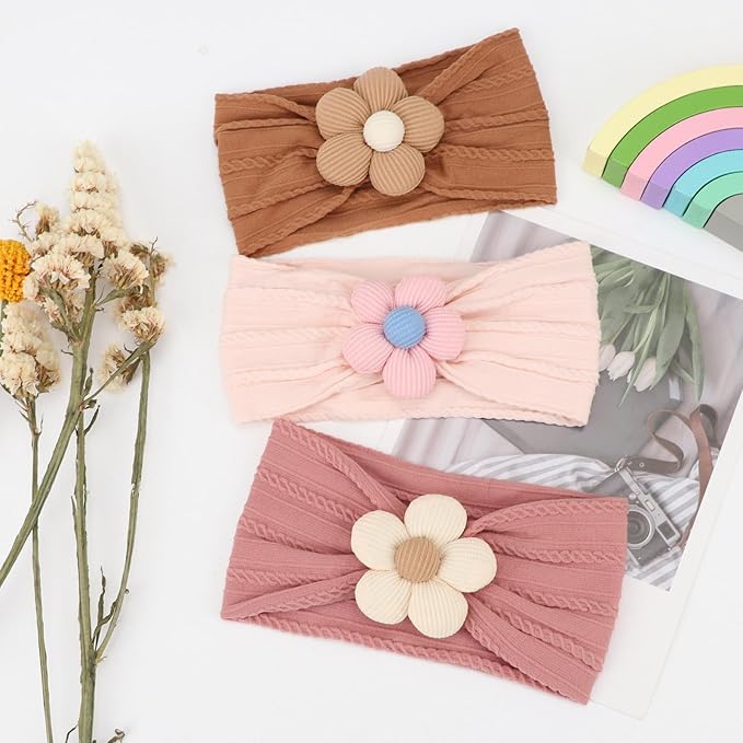DRESHOW BQUBO Baby Flower Headbands Baby Girls Nylon Headbands Stretchy Hairbands Handmade Hair Accessories for Newborn Infant Toddlers Kids Baby Essentials 3 Pcs