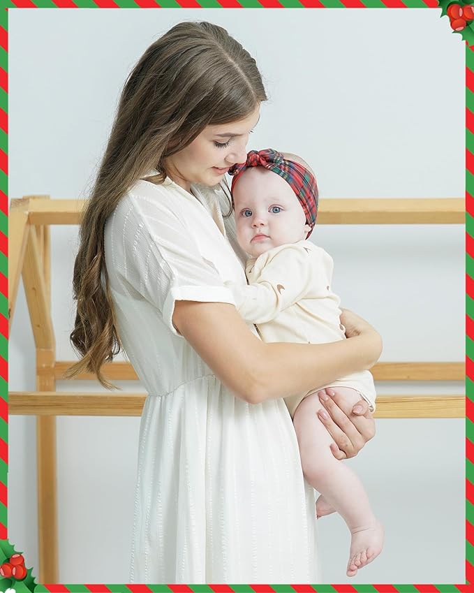 jollybows 3 PCS Baby Girls Headbands Soft Stretchy Nylon Hair Bows Handmade Bows for Baby Girls Infants Newborn Toddlers Kids - White, Dark Green, Christmas Red Grid