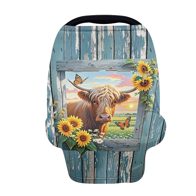 Wanyint Baby Car Seat Cover Car Seat Canopy for Babies Boys Girls, Multi-Use Infant Breastfeeding Covers Nursing Scarf Home Decoration, Highland Cow Sunflower Wood Grain