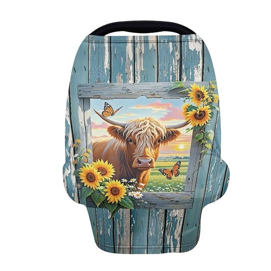 Wanyint Baby Car Seat Cover Car Seat Canopy for Babies Boys Girls, Multi-Use Infant Breastfeeding Covers Nursing Scarf Home Decoration, Highland Cow Sunflower Wood Grain