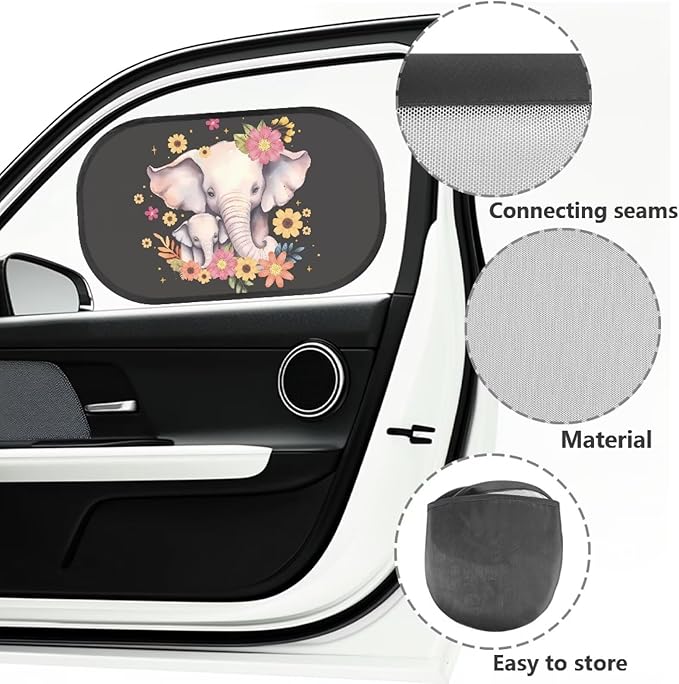 Bulopur Floral Elephant Window Shades 2 Pack Car Window Covers UV Protection Breathable Sun Shade Car Window Baby Cute Design for Most Vehicle, SUV, Truck, Cars