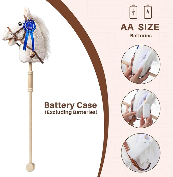 HollyHOME Stick Horse Plush with Detachable Blue Ribbon Champion Hobby Horse on Stick with Wood Wheels Real Pony Neighing and Galloping Sounds for Kids Toddlers White 36 Inches(AA Batteries Required)
