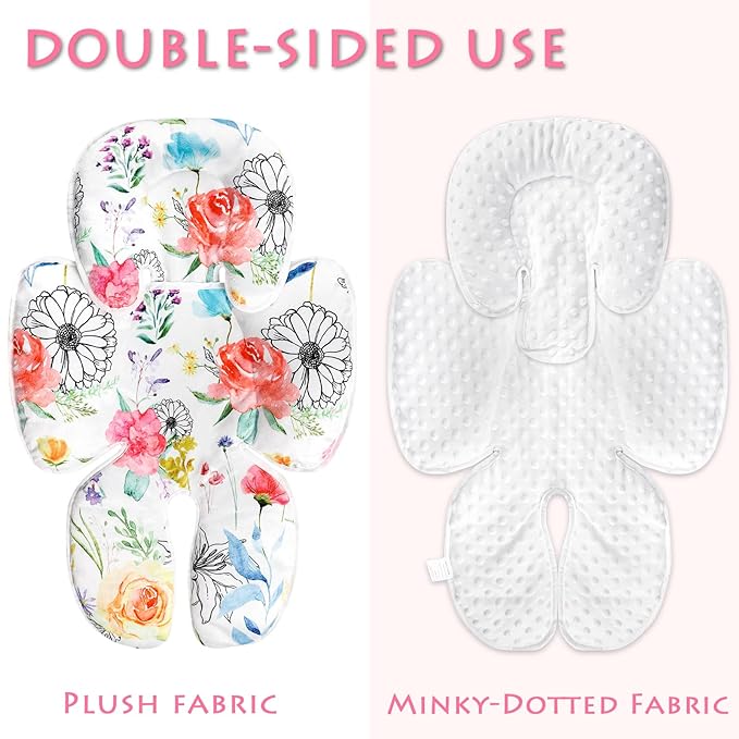 Infant Car Seat Insert, 2 in 1 Baby Head and Body Support for Car Seat, Soft Plush Newborn Carseat Cushion for Stroller Bouncer, White Floral