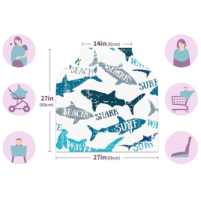 Baby Car Seat Stroller Covers Beach Shark Nursing Cover Breastfeeding Scarf Soft Breathable Stretchy Infant Car Canopy Coverage Carseat Cover for Boys and Girls Multi Use