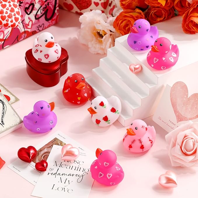Jerify 96 Pcs 2 Inch Valentine's Day Rubber Duckies Bulk Mini Heart Rubber Ducks for Kids Bathtub Toys Classroom Prizes Birthday Wedding Party Favors Gifts Goodie Bag Fillers, 6 Styles (Cute)