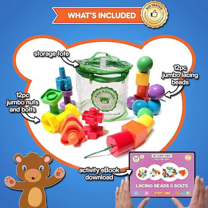 Jumbo Beads & Bolts Game Set - 2-in-1 Fine Motor Matching Educational Stringing & Twisting Toys for Toddlers with 12 pc Lacing Beads and 12 pc Nuts & Bolts, Toy Storage & Learning Activities eBook
