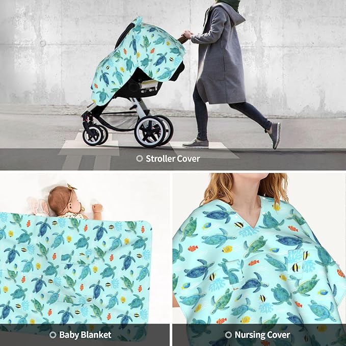 Sea Turtle Baby Car Seat Canopy Cover, Stroller Cover for Infant Toddler Ocean Beach Theme Stuff for All Seasons