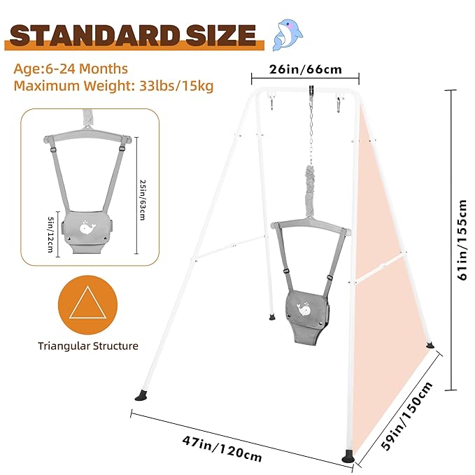 Baby Jumper with Stand, Foldable Activity Jumper for Infants, Height Adjustable Baby Bouncer No Doorway Needed Toddler Jumper, Portable Indoor Outdoor Baby Activity Center for 6-12 Months (Gray)