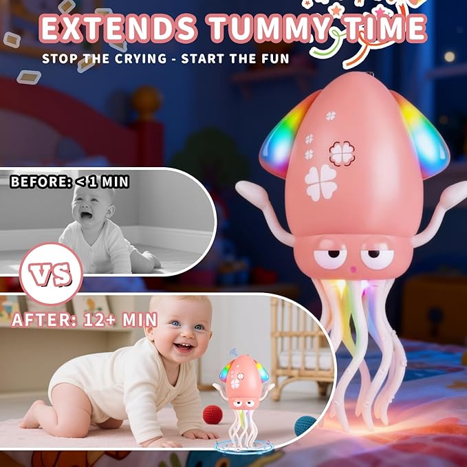 Dancing Octopus Baby Toy, 2Pcs Tummy Time Toys, Rechargeable Crawling Squid with Light/Music/Silent Mode for 3-6 6-12 12-18 36 Months Learning Walking Toddler 1st Birthday Gifts Easter Basket Stuffers