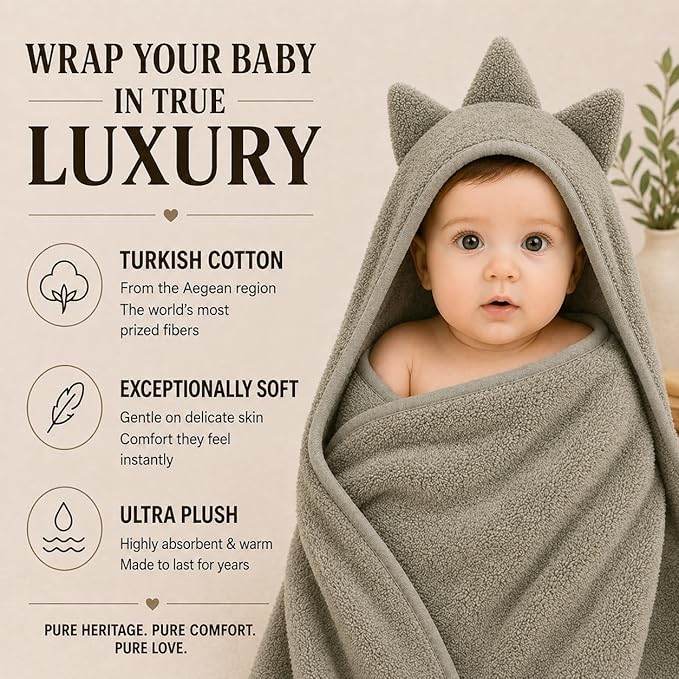 Organic Hooded Towels - Certified Organic Cotton, Long Stable Luxurious Turkish Organic Cotton, Plush Towels for Newborn (Baby Dino, 30×30” — Petite Newborn Fit (0–12 Months))
