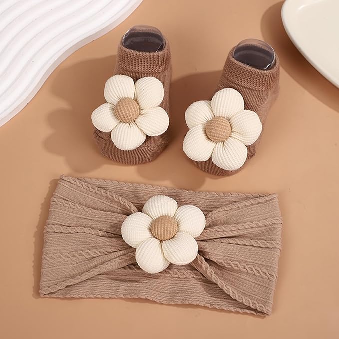 WillingTee Baby Girl Headband and Socks, Non-Slip Floral Socks and Soft Floral Nylon Hairbands for Babies Infants and Toddlers 0-12 Months