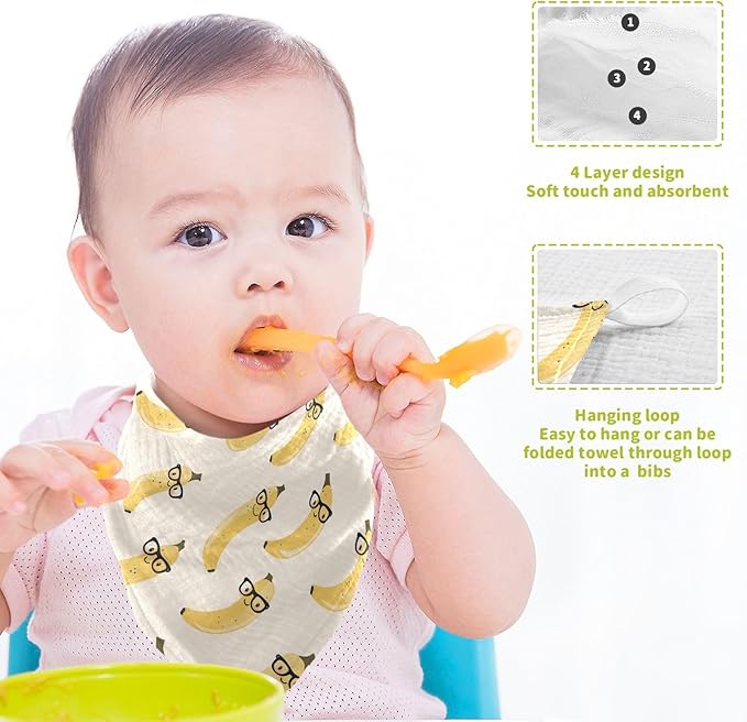 Banana Baby Washcloths Newborn Muslin Burp Cloths 3 Pack Soft Cotton Baby Face Bath Towel Drool Bibs for Infants, Girls and Boys 11.8 x 11.8 Inch