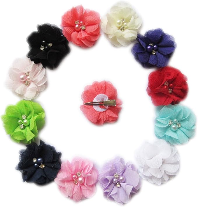 Baby Girls Chiffon Flower Hair Clips with Rhinestones and Pearl,YYCRAFT 24 pcs Party Wedding 2" Hair Accessory for Kids Toddler Infant Girls(12 colors)