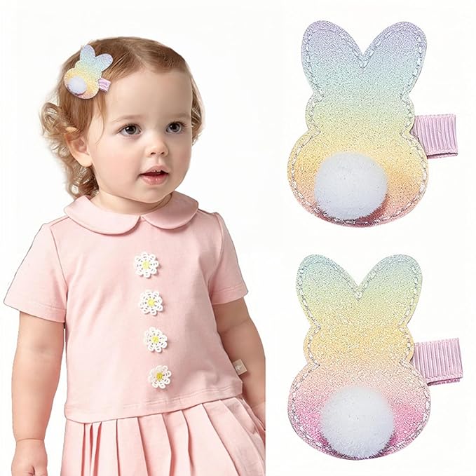 Easter Hair Clips for Girls, 2pcs Gradient Bunny with Cotton Tail Hair Accessories, Baby Hair Alligator Barrettes Cute Rabbit Hairpins Toddlers Kids for Party Princess Cosplay Decoration