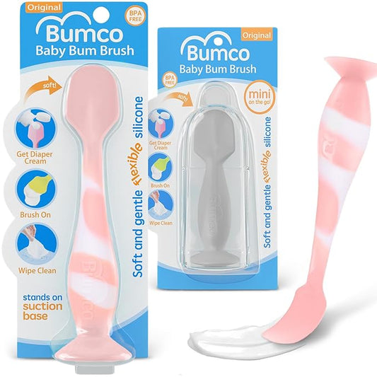 Bumco Baby Bum Brush + Mini Baby Diaper Cream Spatula with Case - BPA-Free Silicone Diaper Spatula with Suction Cup, Wipe-Clean, Mom-Invented Butt Paste Applicator (Pink Swirl & Gray)