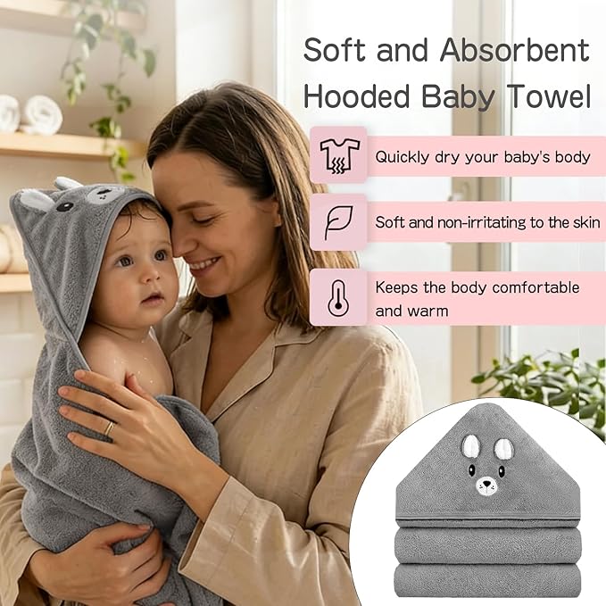 4 PCS Hooded Baby Towel Set, 32x32 Inch Absorbent Baby Bath Towels, Soft Hooded Towels and 3 PCS Washcloths, Unisex Baby Gift Set for Newborns, Babies, Toddlers (Gray)