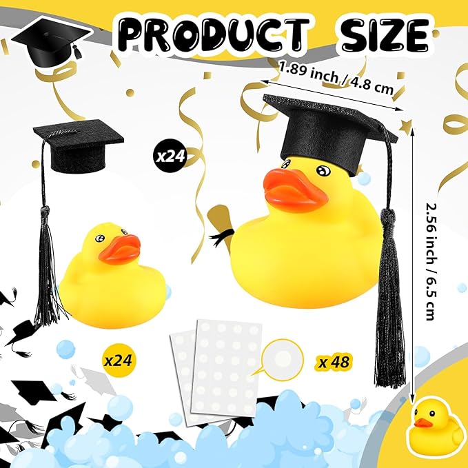 Lenwen 24 Pcs Graduation Rubber Ducks with Grad Cap Mini Rubber Duckies Gifts Bulk for Graduation Party Favors Decoration(Black Grad Hat)