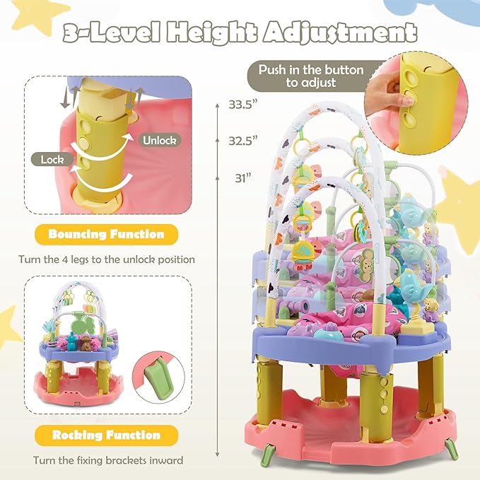 HOMGX Baby Bouncer Activity Center, 3 in 1 Baby Jumper Center & Infant Playtime Mat & Activity Table w/Baby Toys, 3 Adjustable Heights & 360° Rotatable Seat, Activity Center for Toddlers (Pink)