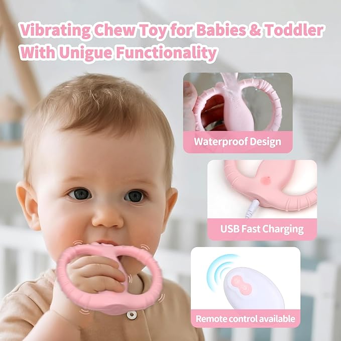 Vibrating Teether for Baby with Remote Control - Chewy Sensory Toy for Teething & Autism, 10-Speed Vibration Modes, USB Rechargeable, Food Grade Silicone Teether for Sensory Seekers (Pink)