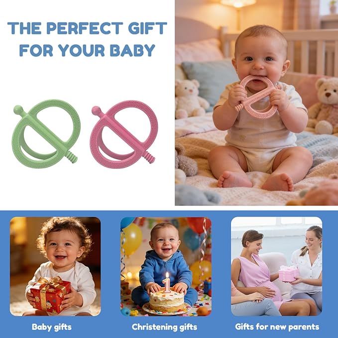 3 Pack Baby Teething Toys, Anti Dropping Wrist Hand Teethers & Easy-Grip Teether Ring, Food-Grade Silicone for Teething Relief, Newborn Essentials Chew Toys 0-12 Months（Blue&Pink&Green）