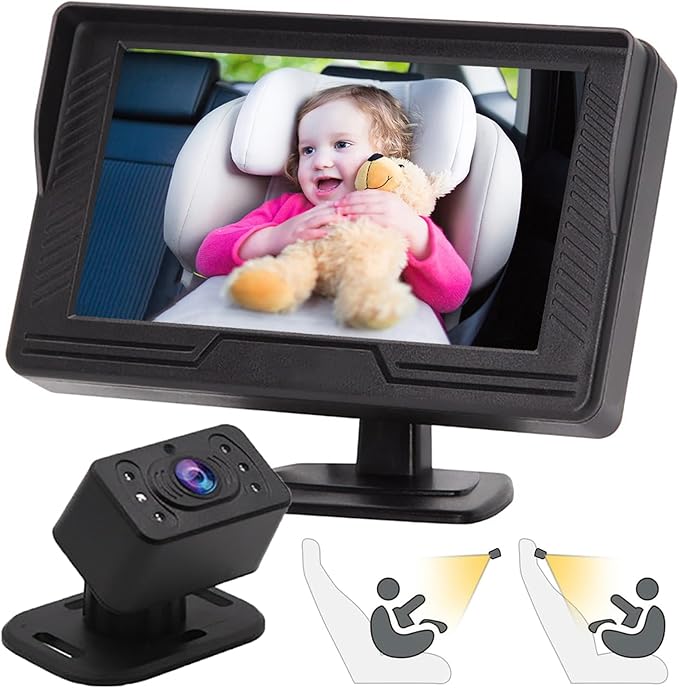 B-Qtech Baby Car Camera Monitor Night Vision HD 1080P Easy to Install 360° Rotating Car Baby Cameras for Back Seat Rear Facing View Infant Gift for Newborns