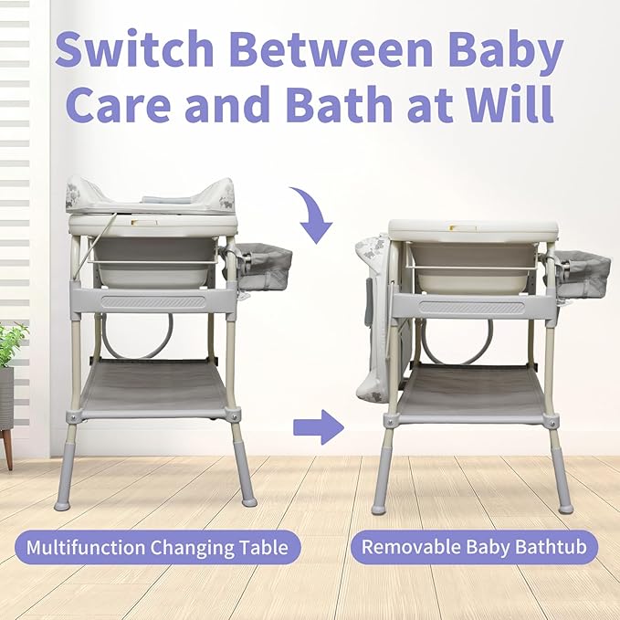 2 in 1 Baby Bathtub with Changing Table, DEYGIA Waterproof Diaper Changing Station Portable Changing Table Adjustable Height Nursery Organizer with Storage Rack for Newborn Infant Toddler, Cat Pattern