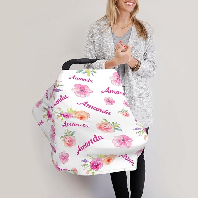 Personalized Baby Car Seat Cover for Girls, Custom Floral Pink Nursing Covers for Breastfeeding with Name, Infant Stroller Cover, Baby Carseat Canopy for Newborn, Multiuse Car Seat Canopies