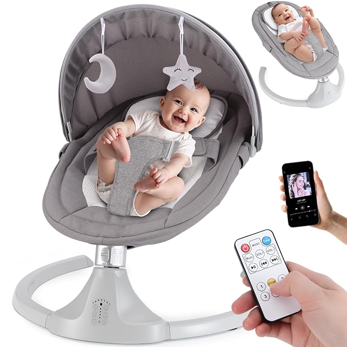 Baby Swing for Newborns 0-6 Months, Electric Infant Swing with Bluetooth & Remote Control, 5-Speed Portable Rocker with 12 Soothing Lullabies, 3-Point Widened Harness, ASTM Certified