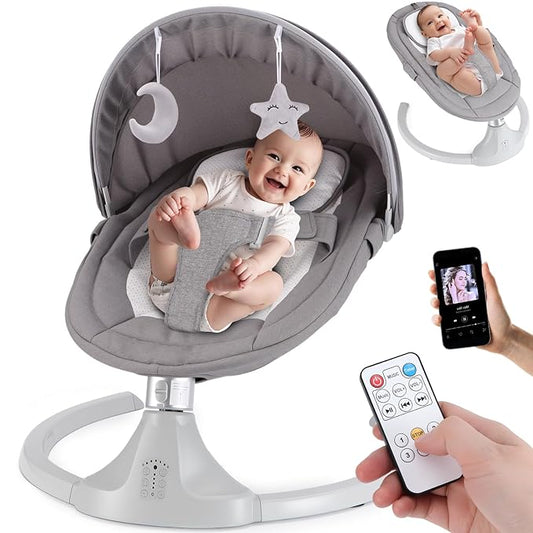 Baby Swing for Newborns 0-6 Months, Electric Infant Swing with Bluetooth & Remote Control, 5-Speed Portable Rocker with 12 Soothing Lullabies, 3-Point Widened Harness, ASTM Certified