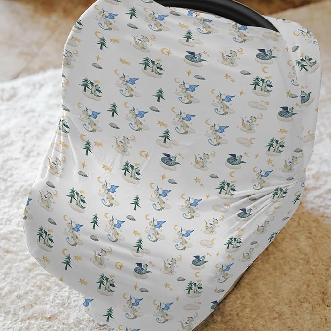 Fantasy Dragon Car Seat Covers for Baby Fairytale Dragons Moon Stars Clouds Trees Stretchy 5-in-1 Cover Adjustable Car Canopy Breastfeeding Cover Myth Animal Breathable Nursing Cover-Up