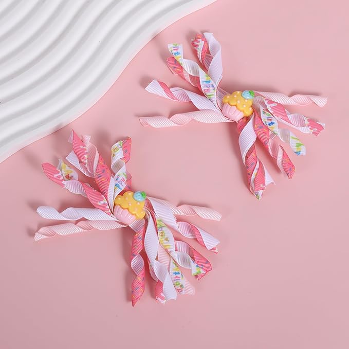 4pcs Happy Birthday Korker Hair Bow Clips for Baby Toddler Girls Ages 1-6, Pink Confetti Sprinkle Curly Ribbon Hairpins Alligator Barrettes,Kids Ice Cream Party Dress Accessory Gift