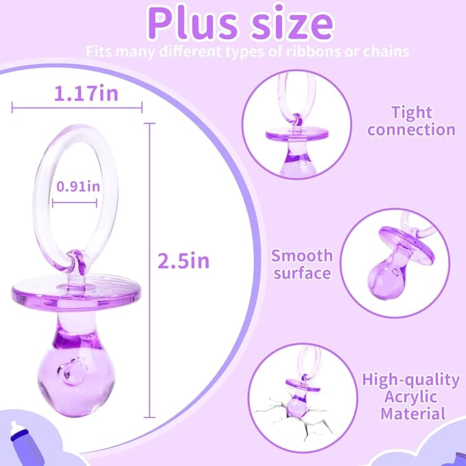 36 Pieces Acrylic Pacifiers for Baby Shower Games Girl, 2.5'' Baby Shower Pacifiers, Bulk Pacifier for Hunt Games, Gender Reveal Table Scatter, Party Favors Decoration(Purple)