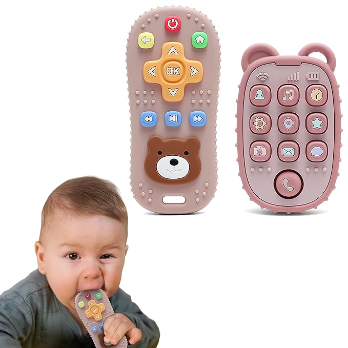 HippoBaby 2-Pack Silicone Teethers – Remote Control & Phone Teething Toys with Popper Buttons, BPA-Free, CPC Certified Baby Essentials for Infants & Toddlers (Remote/Phone - Light Pink/Deep Pink)