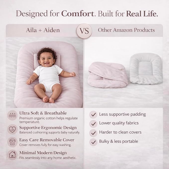 Aila + Aiden Baby Lounger | Organic Cotton Infant Lounger | Adjustable & Portable Floor Lounger | Supervised Use | Soft, Breathable, Washable Cover - Snuggle Collection - (Pink)