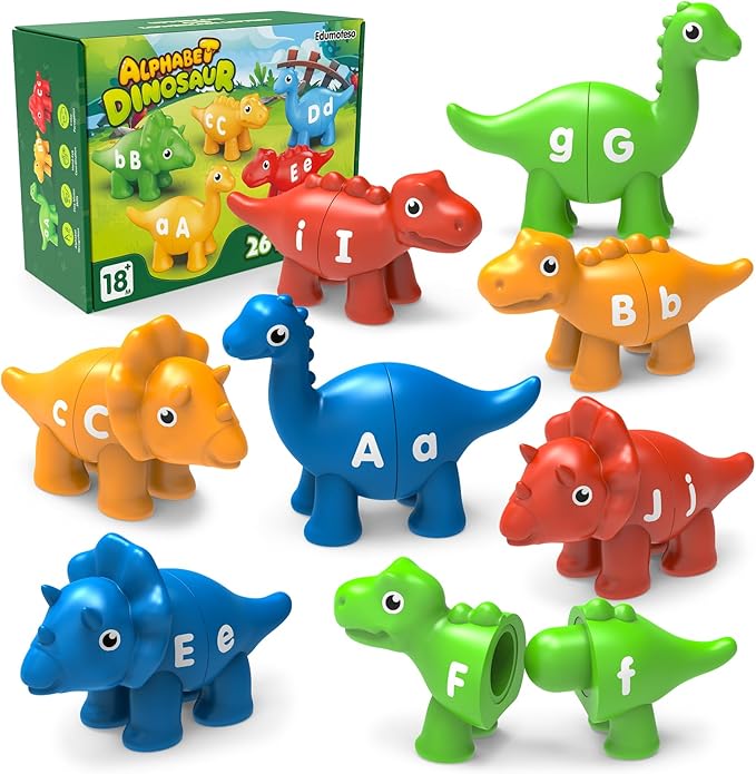 26PCS Dinosaur Alphabet Learning Toys for Kids Ages 3-5, Double-Sided ABC Matching Game with Uppercase Lowercase, Montessori Educational Fine Motor Toys, Preschool Sensory Sorting Toy Gift