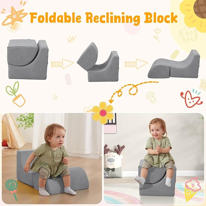 Baby Climbing Blocks with Ball Pit, 6-Piece Foam Climb & Crawl Play Set for Toddlers 1–3, Modular Soft Play Equipment with Washable Cover, Indoor Activity Toys, Gray (Balls Not Included)