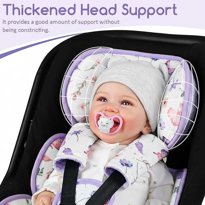 Infant Car Seat Insert with 3 Straps Covers, Ultra-Thick Baby Car Seat Head Support for Side Impact Protection, Minky Dot Baby Car Seat Cushion, Universal Purple Carseat Head Support for Newborn