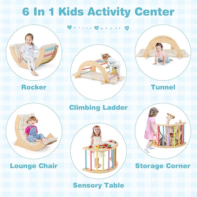 Costzon Wooden Arch Sensory Table for Kids, 6-in-1 Toddler Indoor Montessori Climbing Toys with Cushion, Foldable Storage Bin, Arch Climber Ladder Learning Playset for Kids Gift Presents