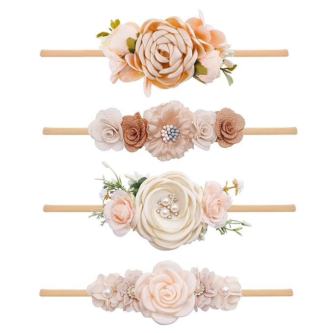 Baby Girl Flower Headband 4 PCS Elastic Hairbands Handmade Nylon Bows Headbands Chic Floral Hair Accessories Kids Gifts for Newborn Infant Toddlers