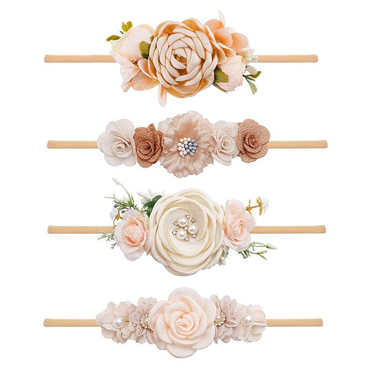 Baby Girl Flower Headband 4 PCS Elastic Hairbands Handmade Nylon Bows Headbands Chic Floral Hair Accessories Kids Gifts for Newborn Infant Toddlers
