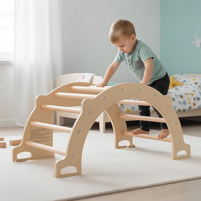 Olakids Climbing Arch for Toddlers, 4 in 1 Wooden Indoor Kids Climber Rocker Montessori Sensory Table with Foldable Storage Bin, Baby Pikler Set Gym Learning Crawling Toy for Children (Wooden)