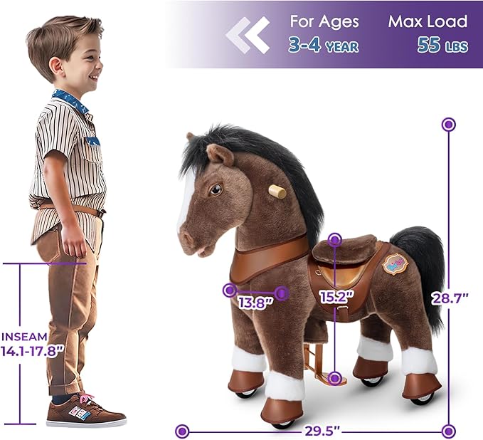 PonyCycle Ride on Horse Riding Horse Advanced Model Y Riding Unicorn Pony Toy for Kids Ages 3–4 (28.7" Height/Size 3) Magical Birthday Gift for Kids with Brake Plush Animal Chocolate Brown Y376