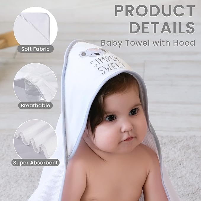 Softan Baby Hooded Towels and Washcloths Set 6 Pack, 28x28 Ultra Soft & Absorbent Baby Bath Towels for Newborn Infant Toddler, Unisex Boys Girls (Pink Heart & Grey Koala)