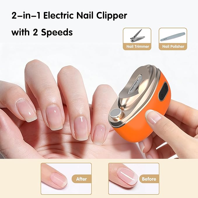 Bestkid Electric Nail File Baby with Polishing, 2-Speed Safety First Automatic Infant Nail Clipper with LED Light & Nail Craps Storage, Orange Smart Finger Nail Trimmer for Kids Adults Caregivers