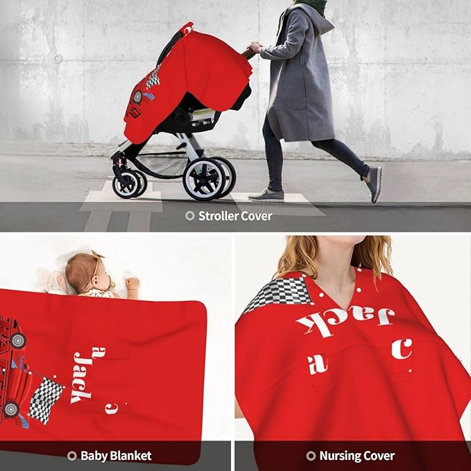 Custom Baby Car Seat Canopy for Babies with Name, Personalized Racing Car Red Baby Car Seats Covers for Boys, Opening Minky Nursing Breastfeeding Stroller Cover Infant Carseat Canopies for Newborn