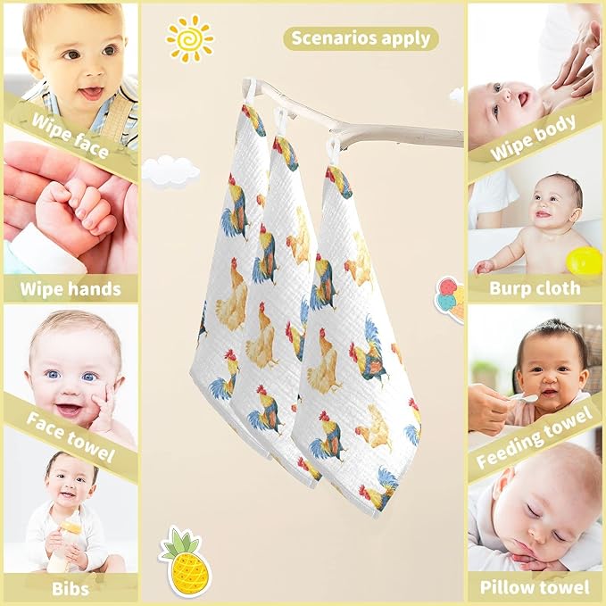 Baby Washcloths Cotton Chickens Rooster Baby Muslin Washcloths Soft Baby Face Towel for Newborn Infants Baby Wipes, 11.8 X 11.8 Inch, 5 Pack White