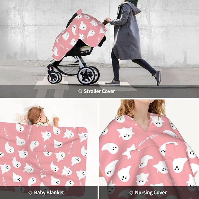 Personalized Baby Car Seat Canopy for Babies with Name, Custom Halloween Pink Ghost Stroller Car Seat Covers for Girls, Minky Nursing Carseat Cover for Breastfeeding, Car Seat Canopies for Newborn
