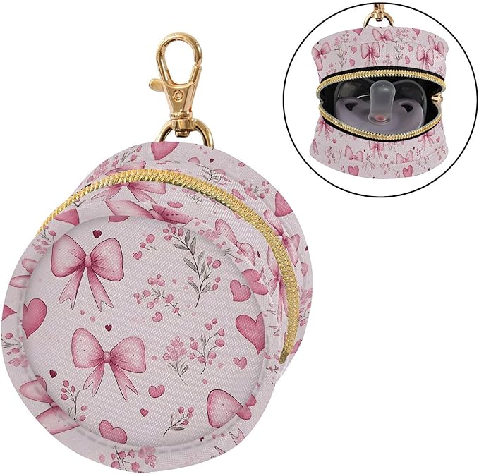 Pacifier Case with Hook Pink Bows Flower Pattern Pacifier Holder Pod Easily Attaches to Diaper Bag or Purse
